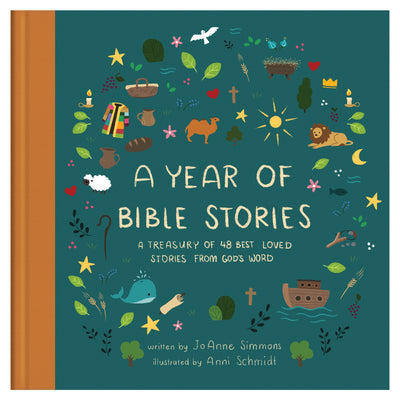 Cover of 'A Year of Bible Stories' featuring illustrations of biblical themes, perfect for children's storytime.