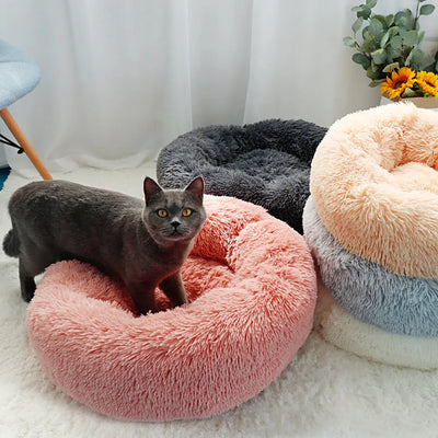 Long Plush Cat Bed House Soft Round Cat Bed Winter Fuchsia Nesoi